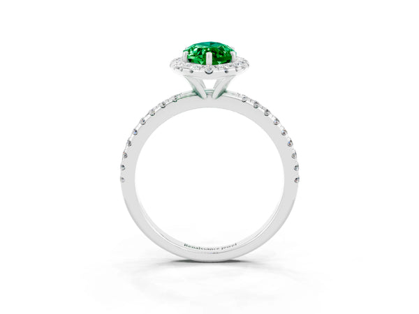Platinum Marquise Cut Emerald Halo Ring with Round Pavé Band and Prong Setting