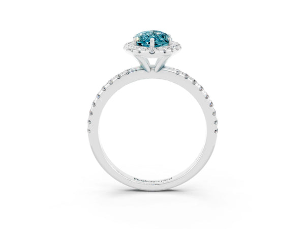 White gold Marquise Cut Halo Round Diamond Pavé Band Four-Prong Ring