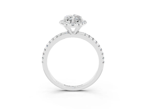 White gold Marquise Cut Moissanite Halo Ring with Round Pavé Band and Prong Setting