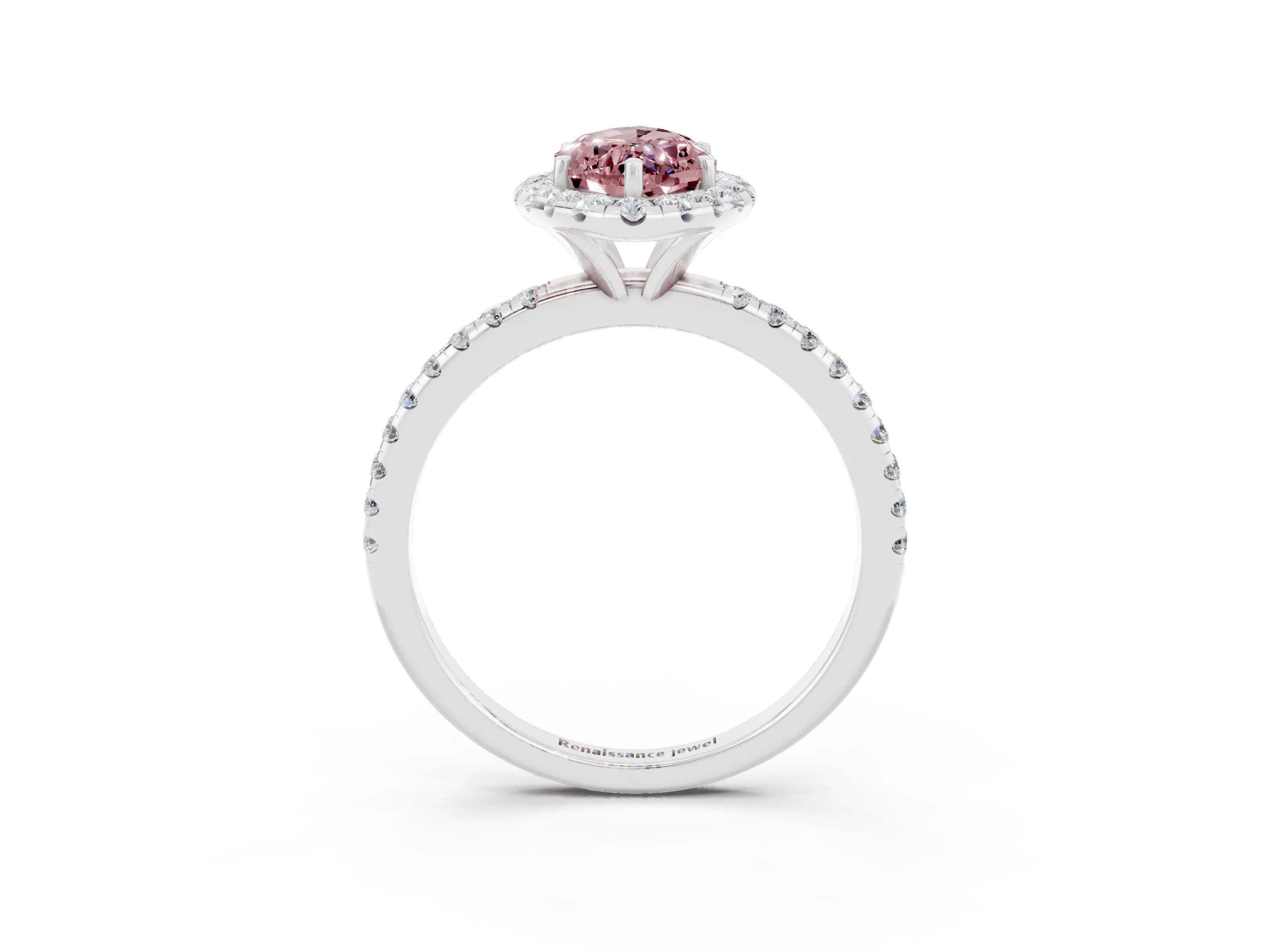 White gold Marquise Cut Halo Round Diamond Pavé Band Four-Prong Ring_3