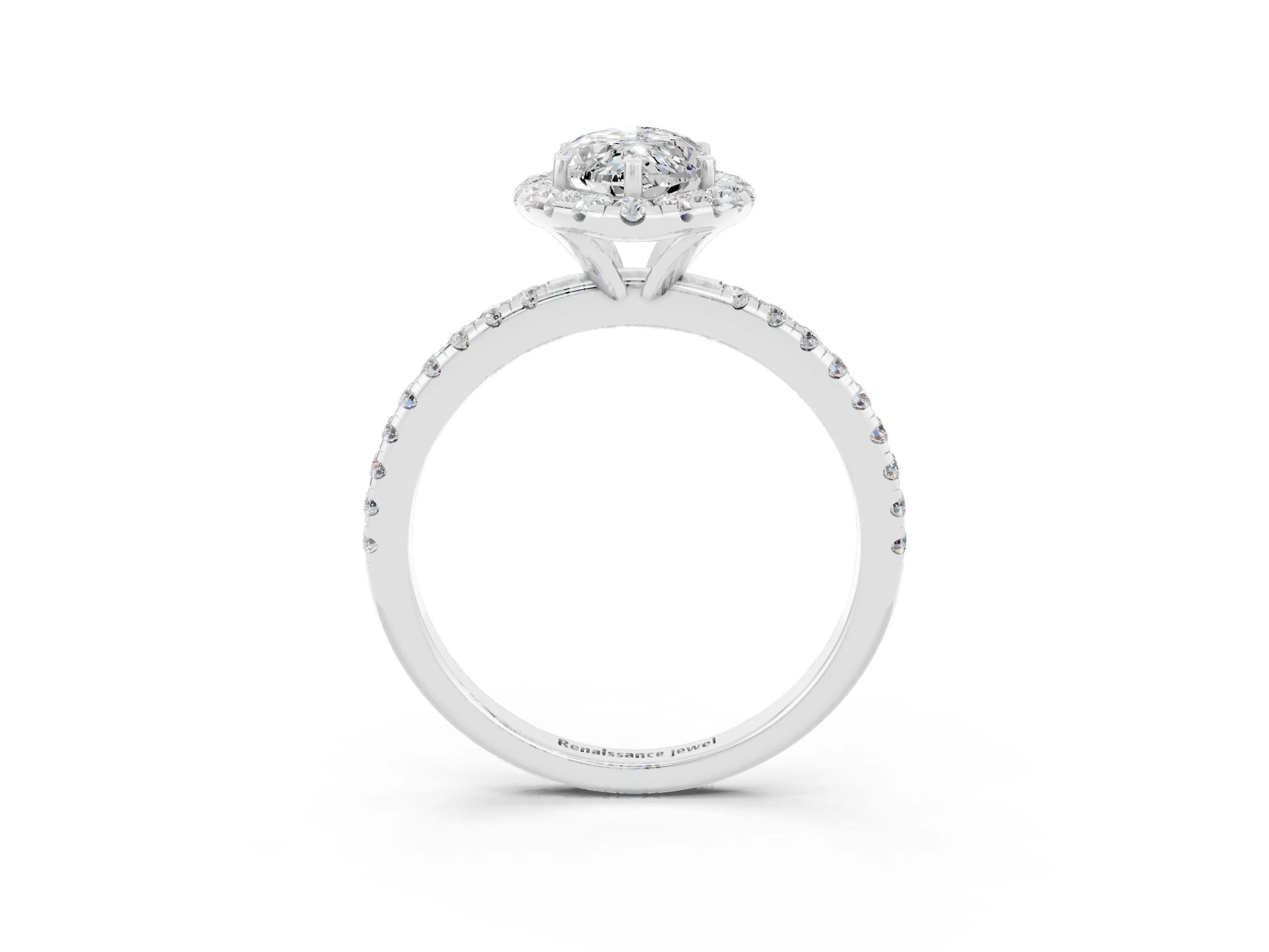 White gold Marquise Cut Halo Round Diamond Pavé Band Four-Prong Ring_3