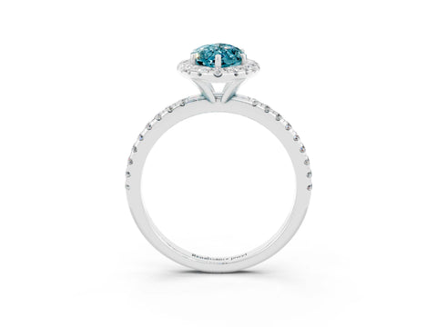 White gold Marquise Cut Halo Round Diamond Pavé Band Four-Prong Ring_3