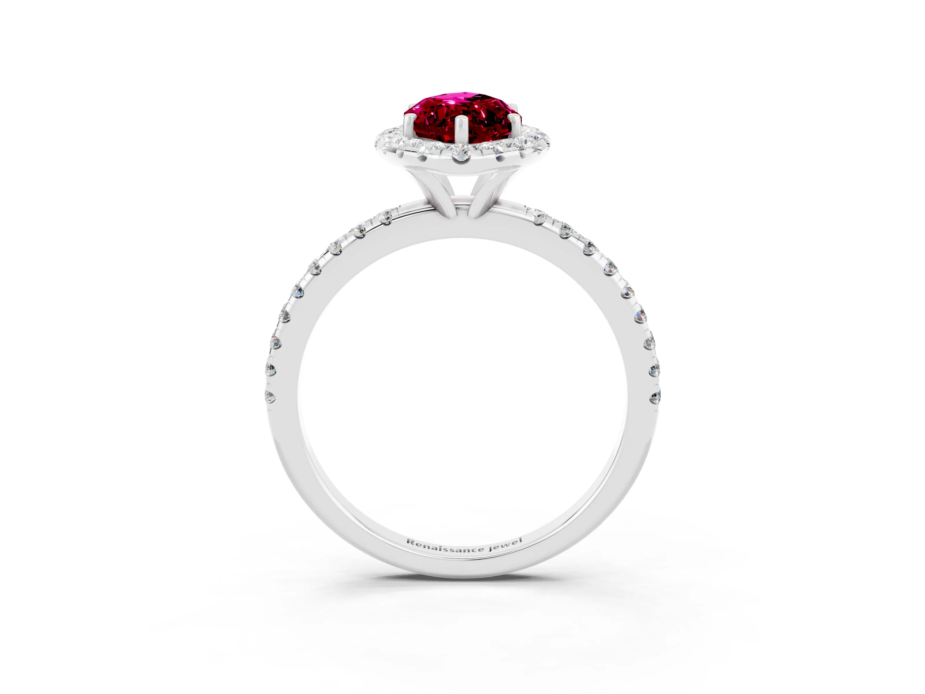 White gold Marquise Cut Halo Round Diamond Pavé Band Four-Prong Ring_3
