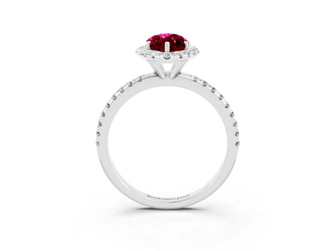 White gold Marquise Cut Halo Round Diamond Pavé Band Four-Prong Ring_3