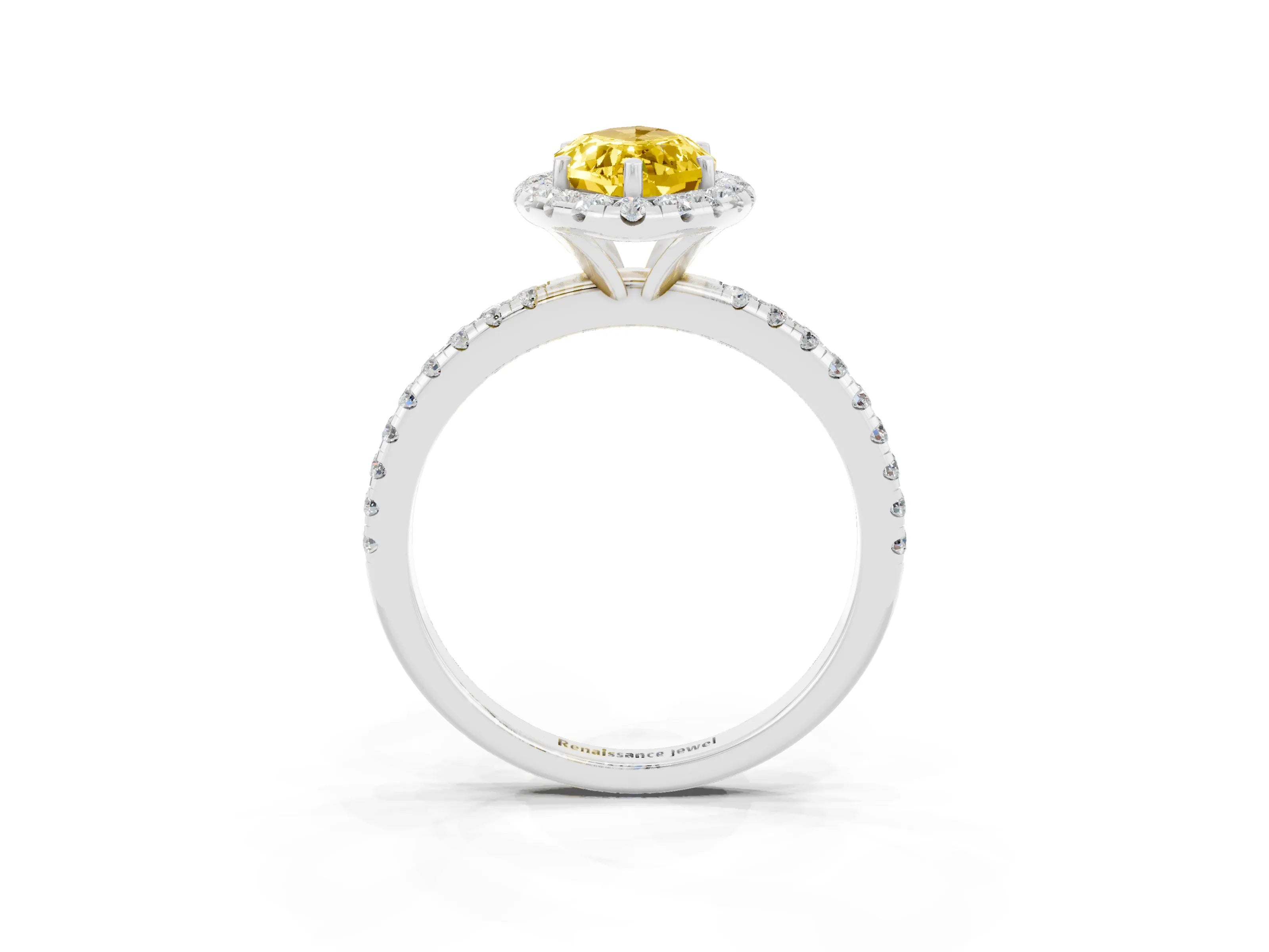 White gold Marquise Cut Halo Round Diamond Pavé Band Four-Prong Ring_3