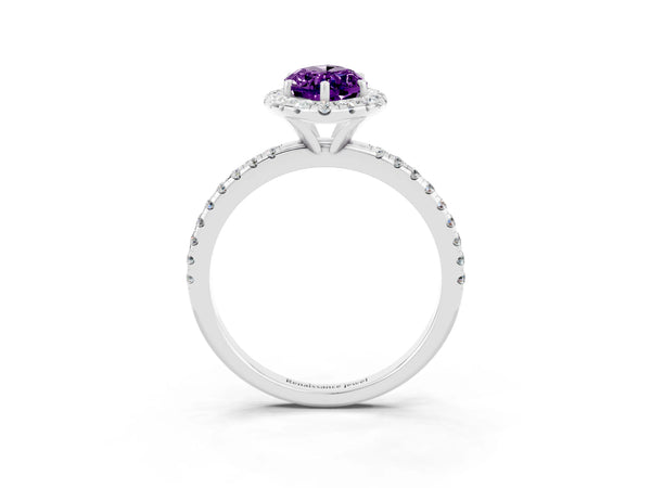 Silver Marquise Cut Amethyst Halo Ring with Round Pavé Band and Prong Setting