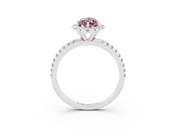 White gold Marquise Cut Halo Round Diamond Pavé Band Four-Prong Ring