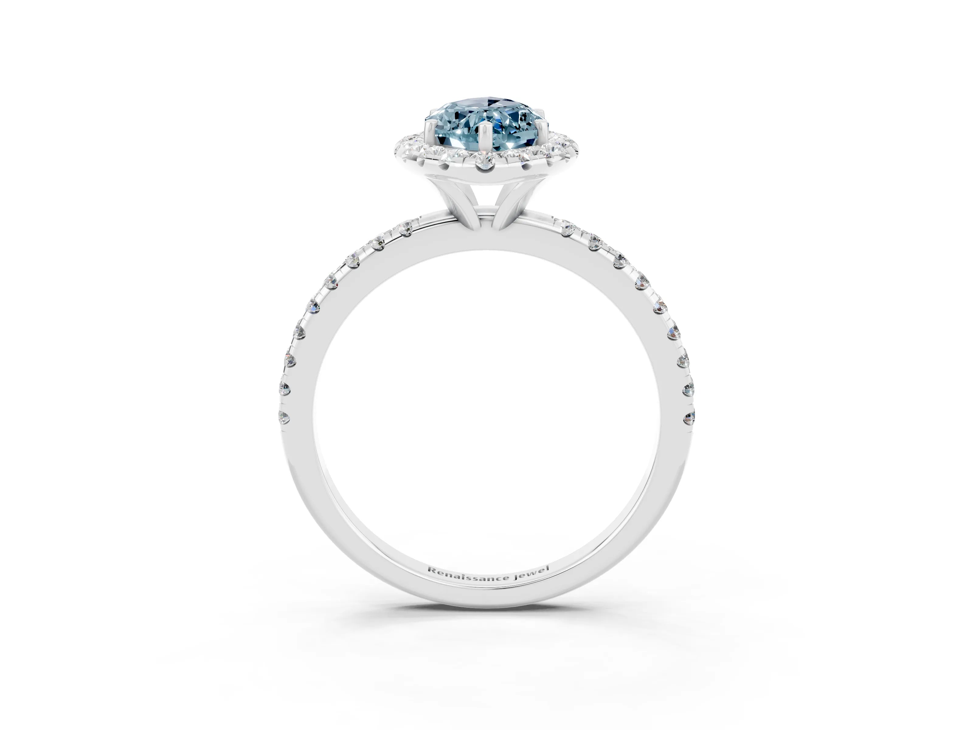 White gold Marquise Cut Halo Round Diamond Pavé Band Four-Prong Ring_3