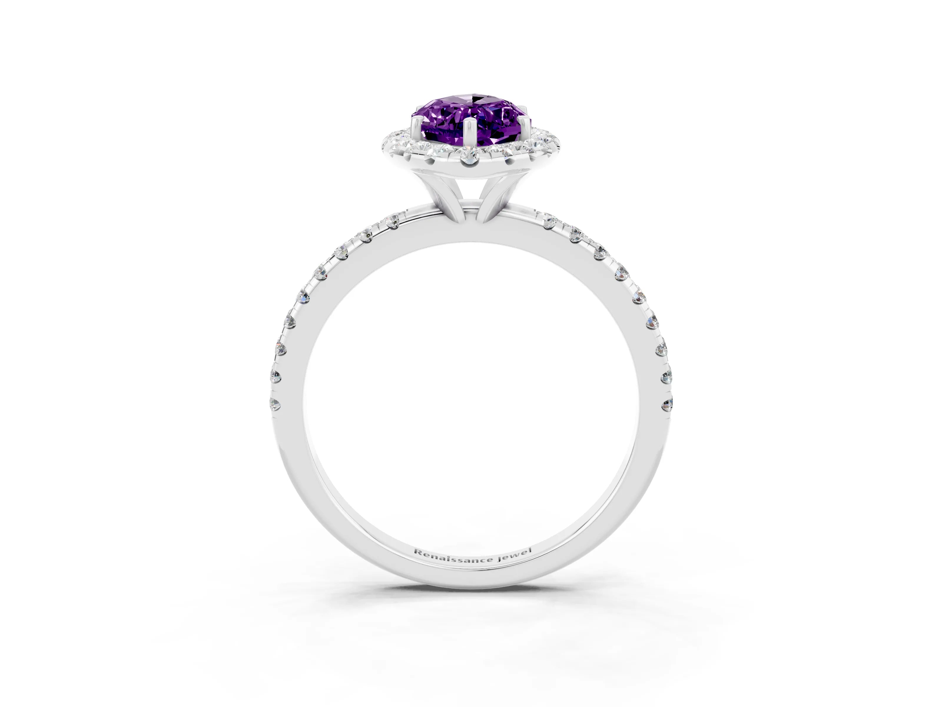 White gold Marquise Cut Halo Round Diamond Pavé Band Four-Prong Ring_3