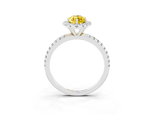Silver Marquise Cut Yellow Sapphire Halo Ring with Round Pavé Band and Prong Setting