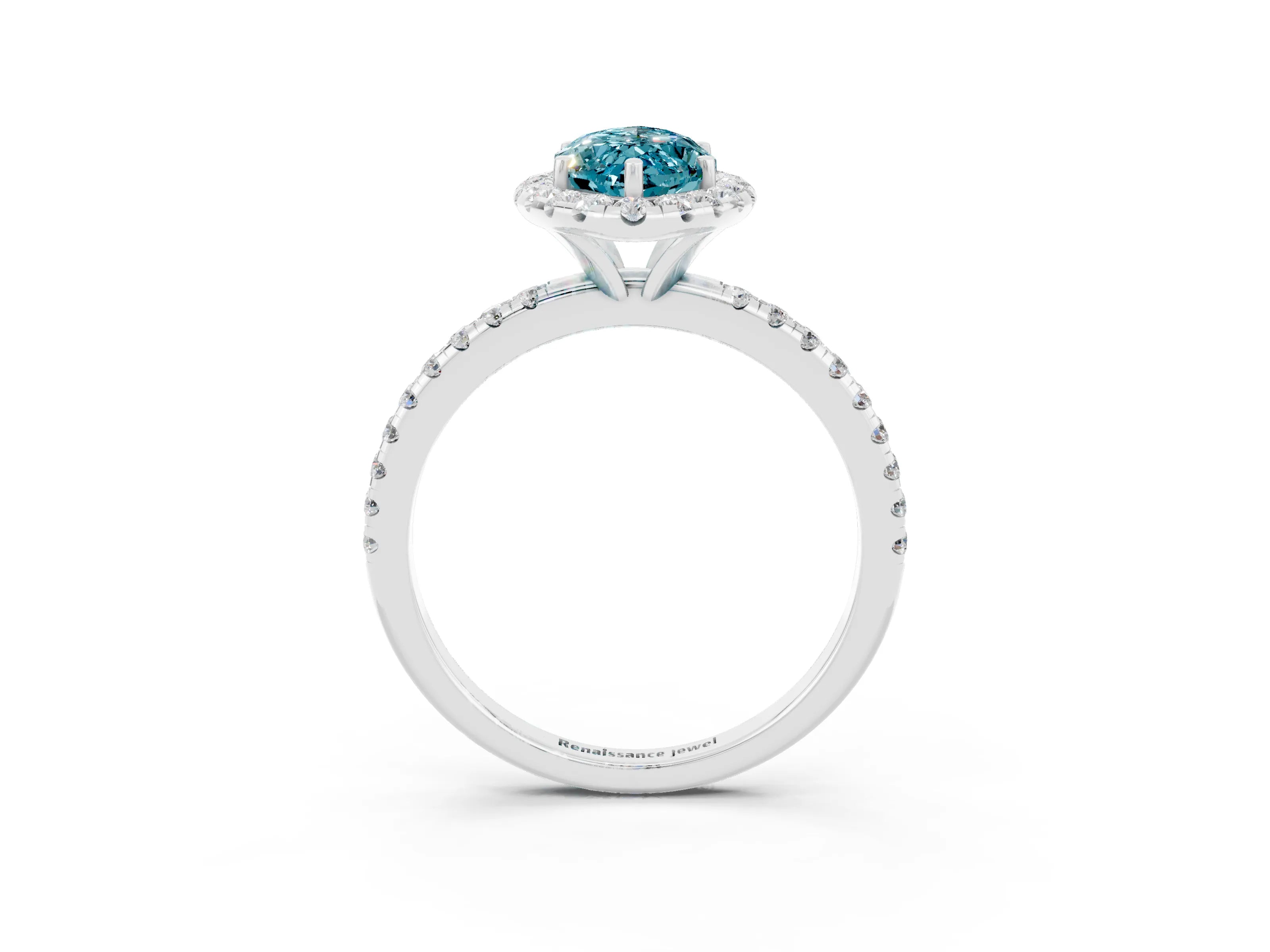 White gold Marquise Cut Halo Round Diamond Pavé Band Four-Prong Ring_3