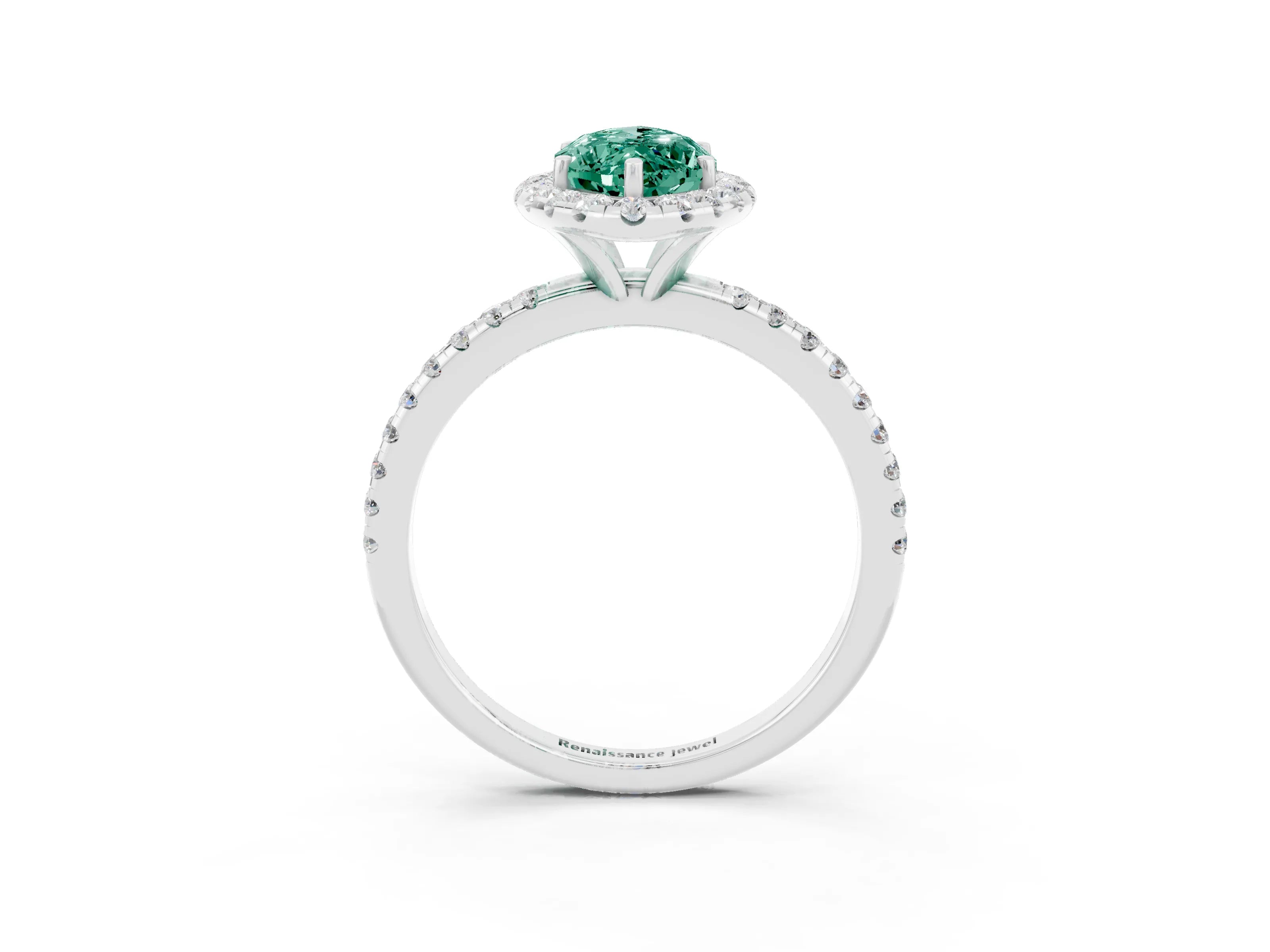 White gold Marquise Cut Halo Round Diamond Pavé Band Four-Prong Ring_3