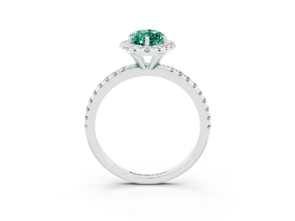 White gold Marquise Cut Green Sapphire Halo Ring with Round Pavé Band and Prong Setting