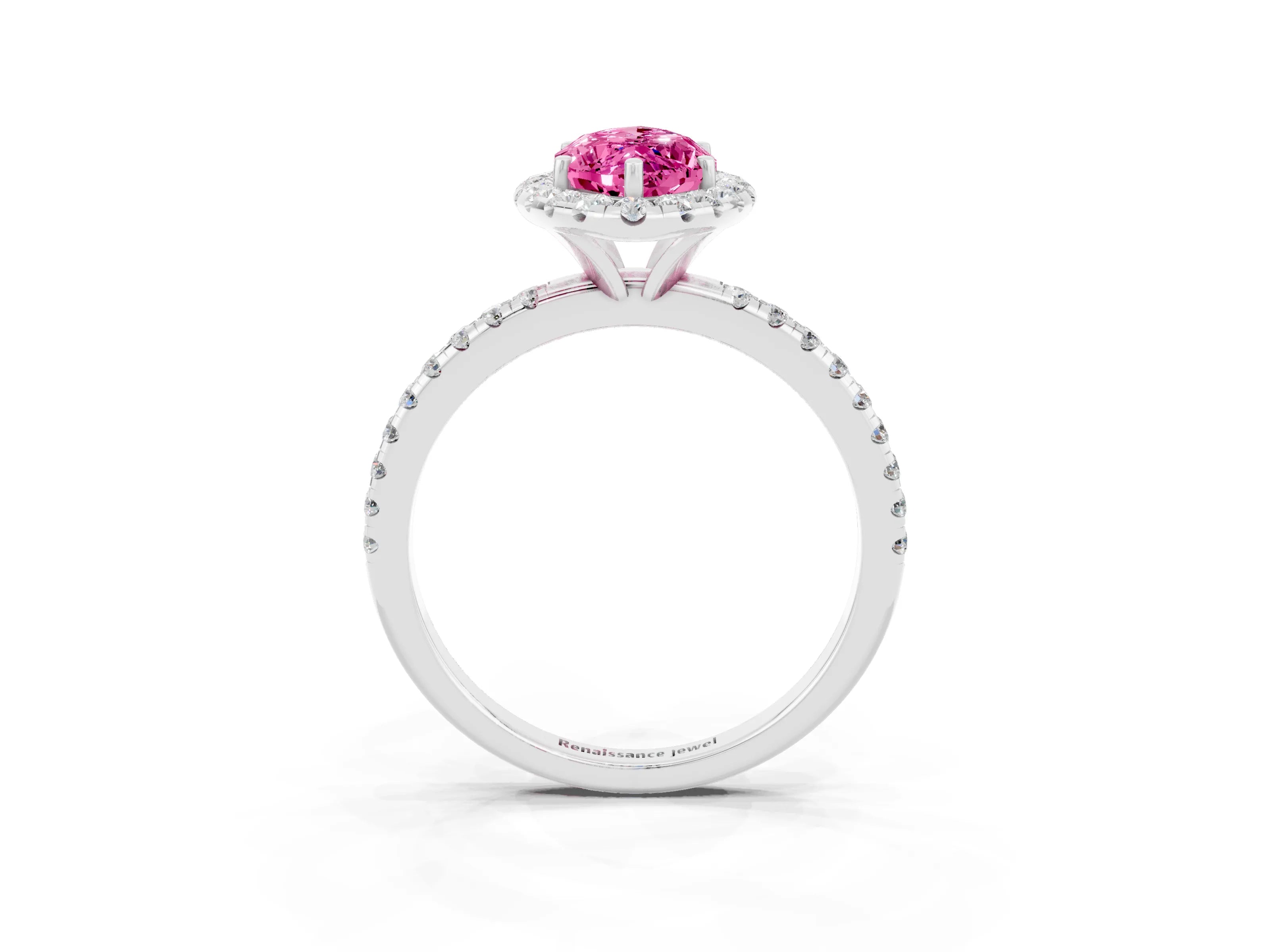 White gold Marquise Cut Halo Round Diamond Pavé Band Four-Prong Ring_3