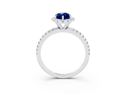 White gold Marquise Cut Halo Round Diamond Pavé Band Four-Prong Ring_3