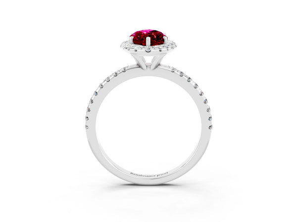 Silver Marquise Cut Garnet Halo Ring with Round Pavé Band and Prong Setting