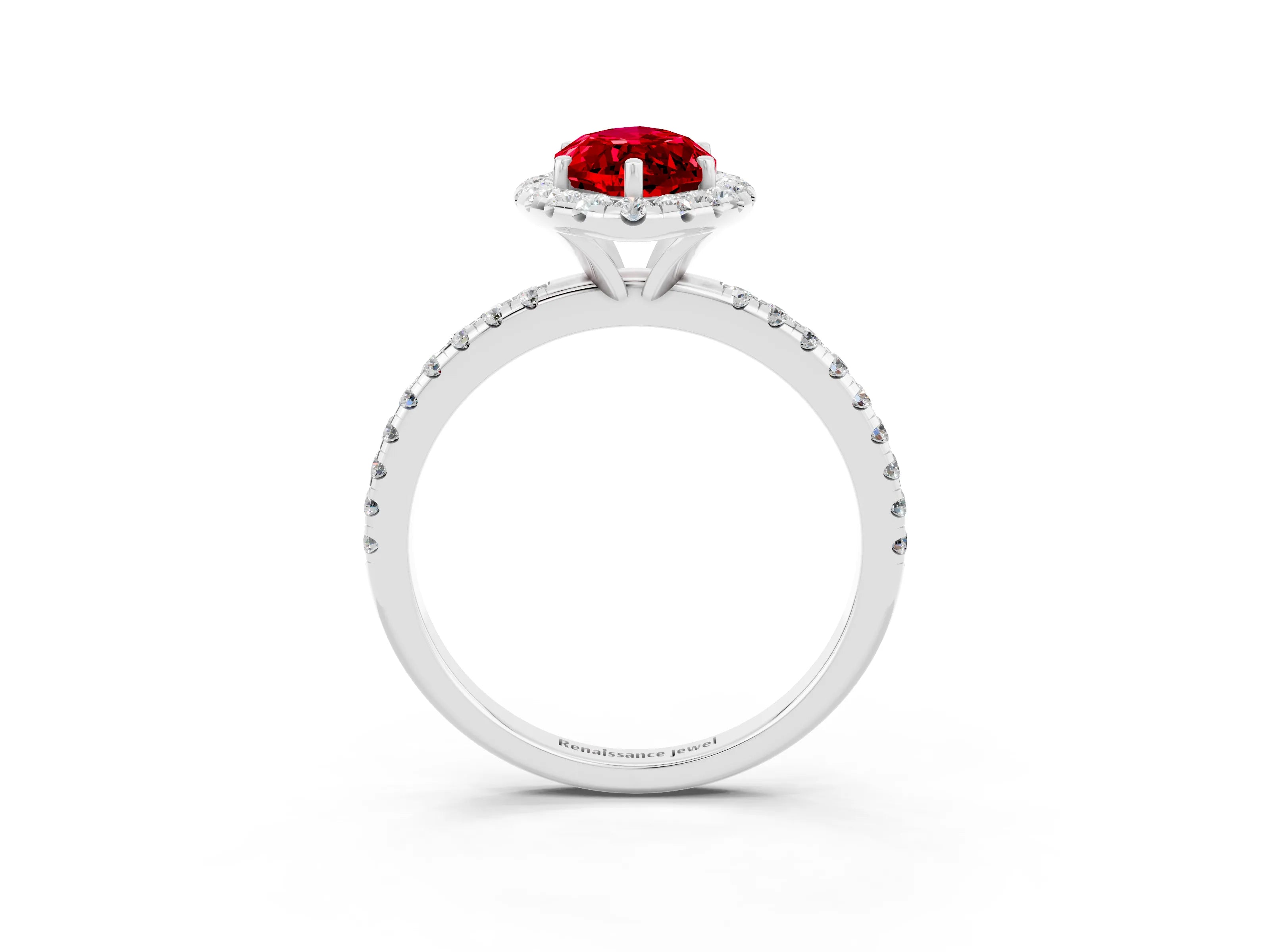 White gold Marquise Cut Halo Round Diamond Pavé Band Four-Prong Ring_3