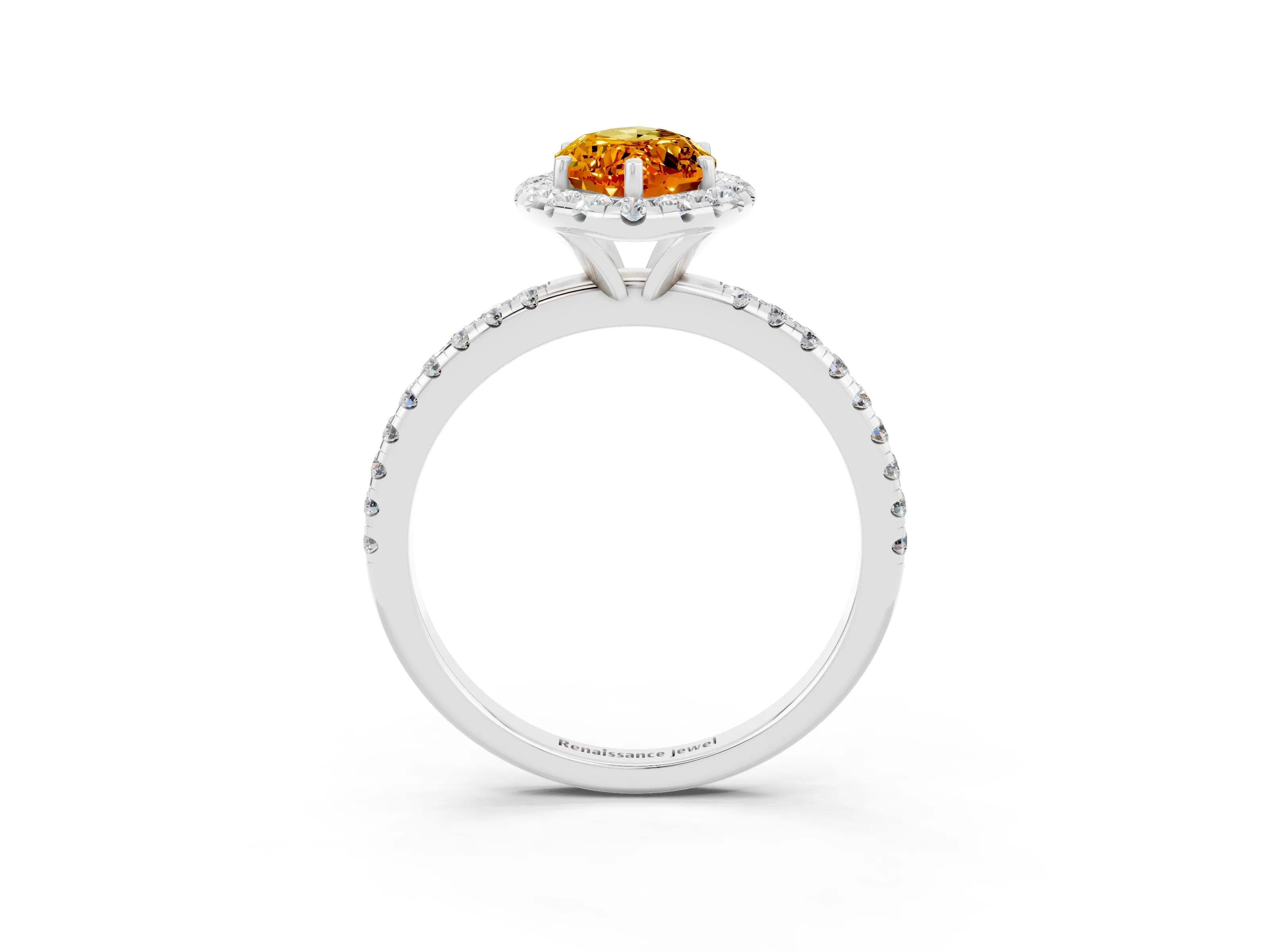 White gold Marquise Cut Halo Round Diamond Pavé Band Four-Prong Ring_3