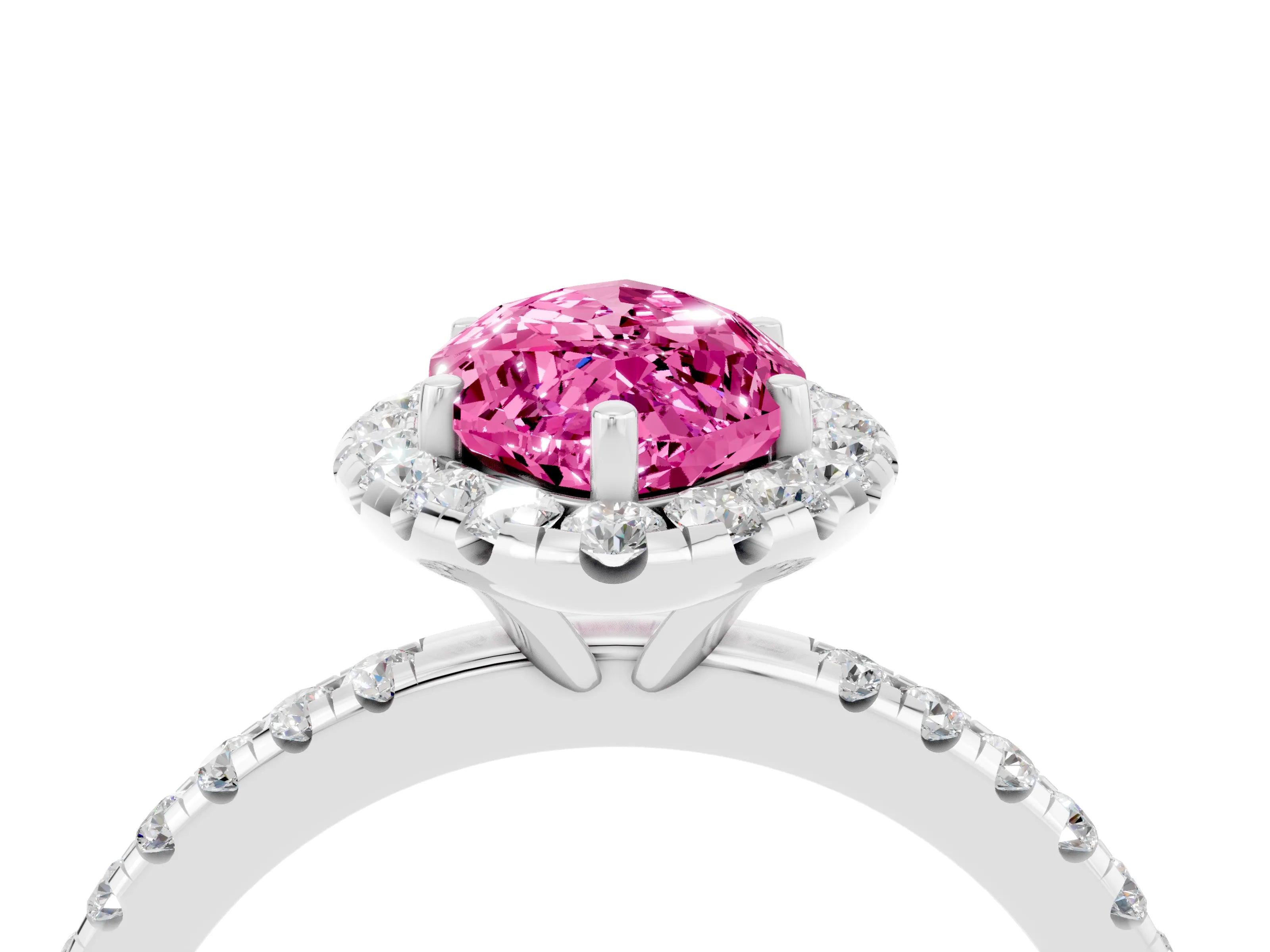White gold Marquise Cut Halo Round Diamond Pavé Band Four-Prong Ring_4