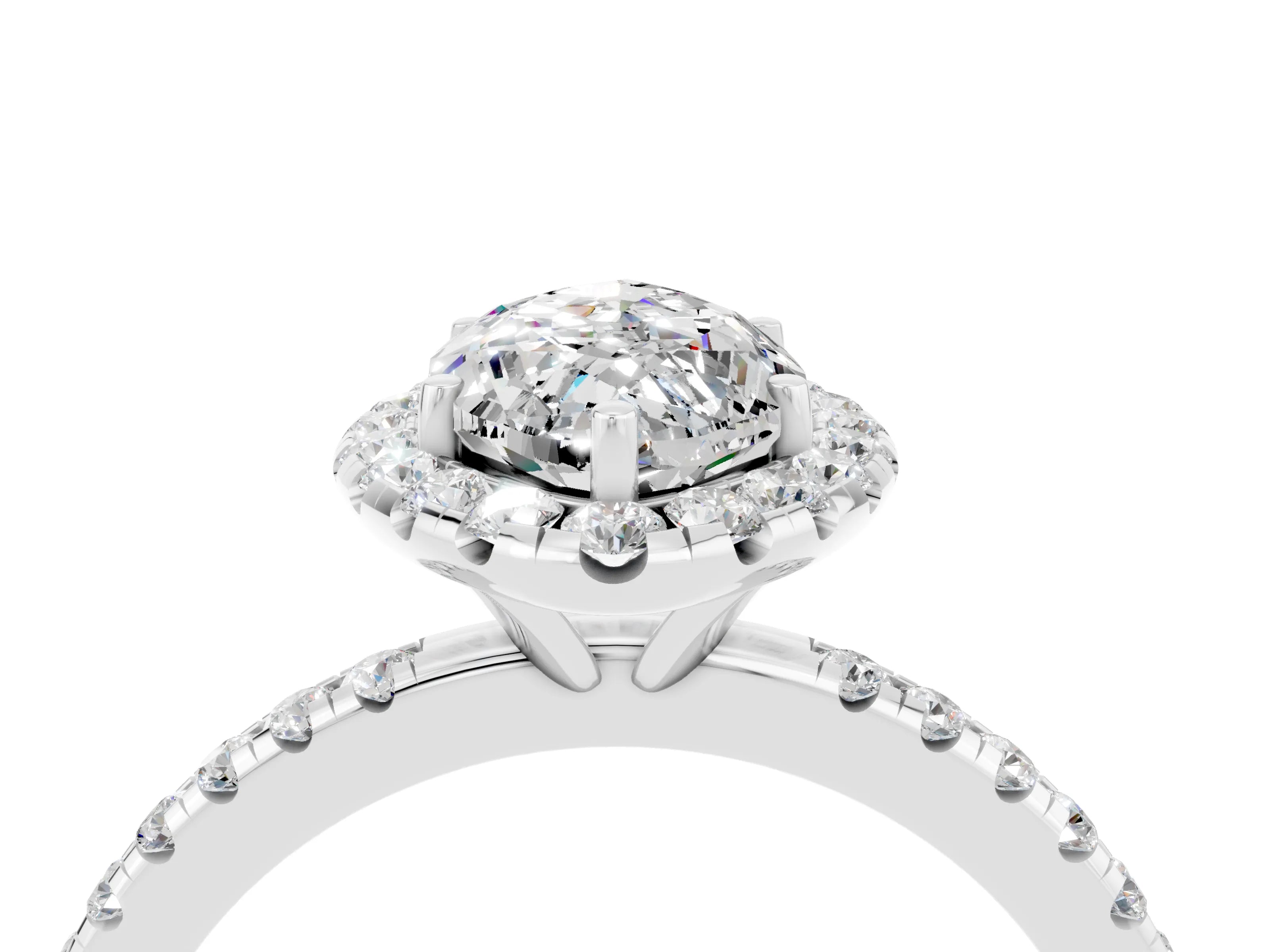 White gold Marquise Cut Halo Round Diamond Pavé Band Four-Prong Ring_4