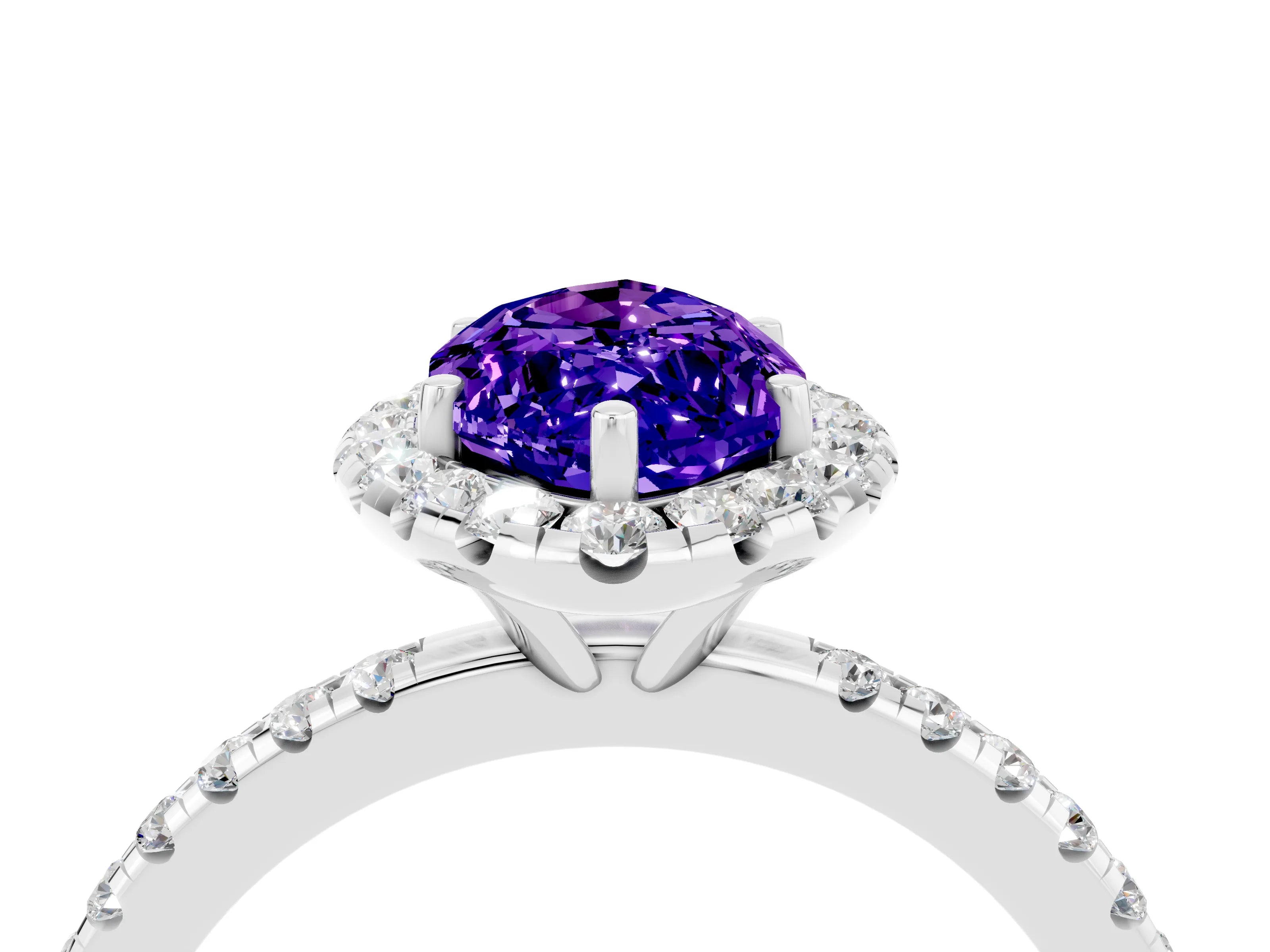 White gold Marquise Cut Halo Round Diamond Pavé Band Four-Prong Ring_4