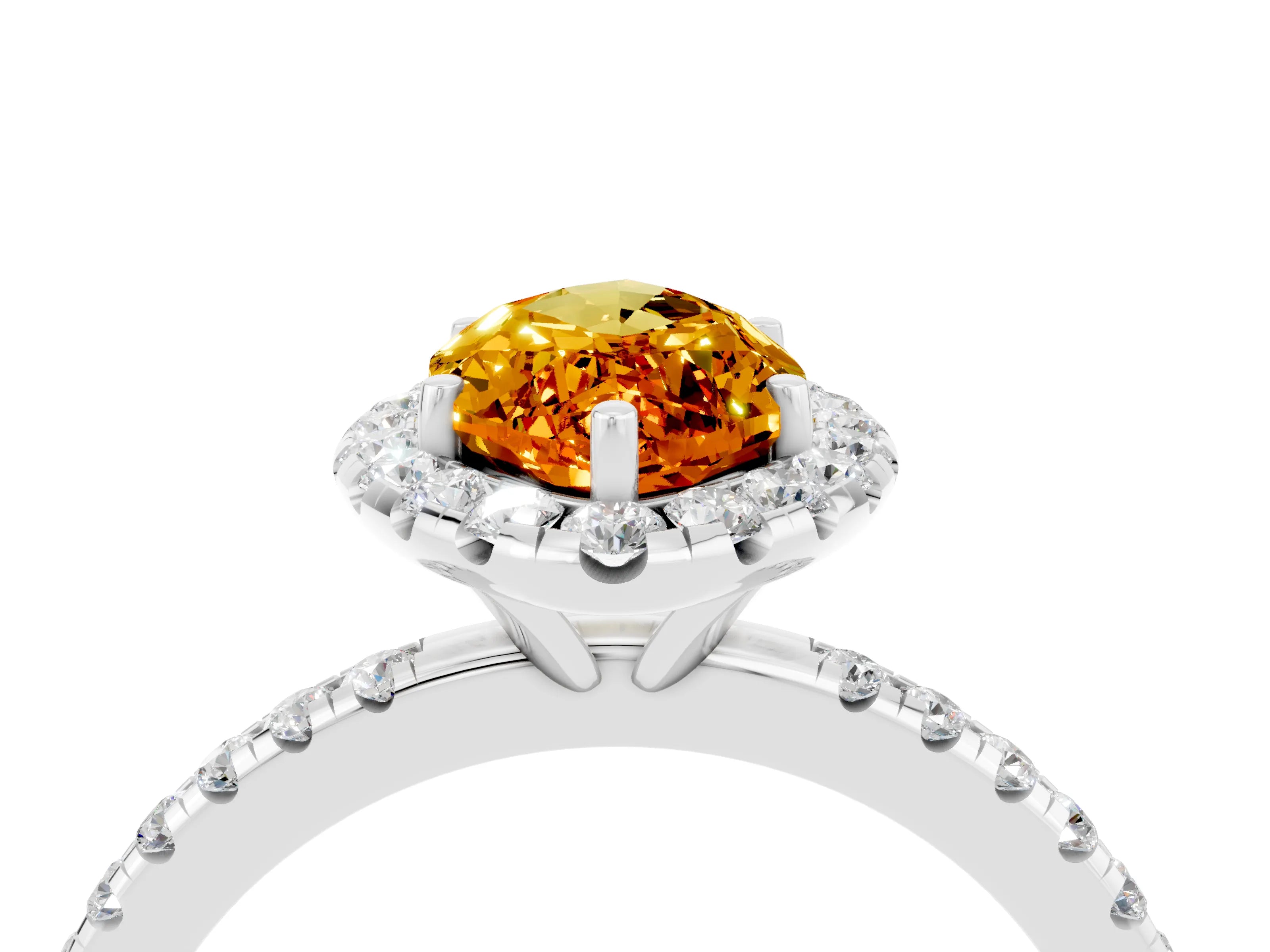 White gold Marquise Cut Halo Round Diamond Pavé Band Four-Prong Ring_4