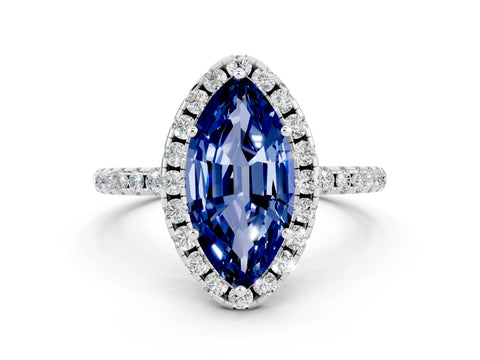 White gold Marquise Cut Halo Round Diamond Pavé Band Four-Prong Ring