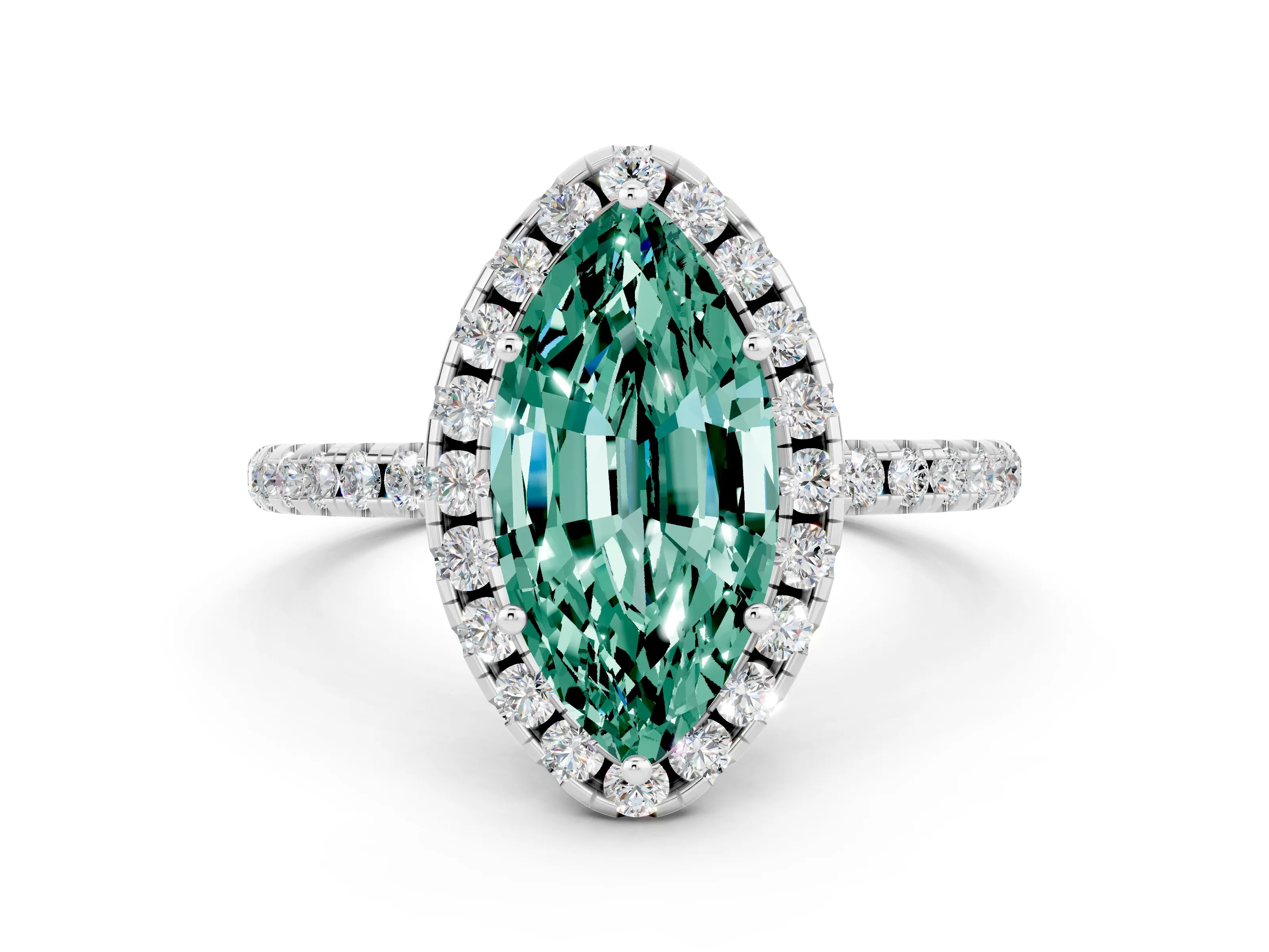 White gold Marquise Cut Halo Round Diamond Pavé Band Four-Prong Ring