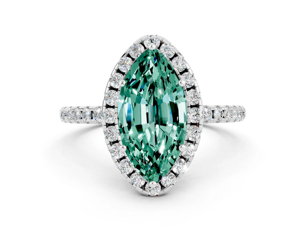 Silver Marquise Cut Green Sapphire Halo Ring with Round Pavé Band and Prong Setting