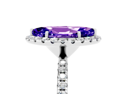 White gold Marquise Cut Halo Round Diamond Pavé Band Four-Prong Ring_5
