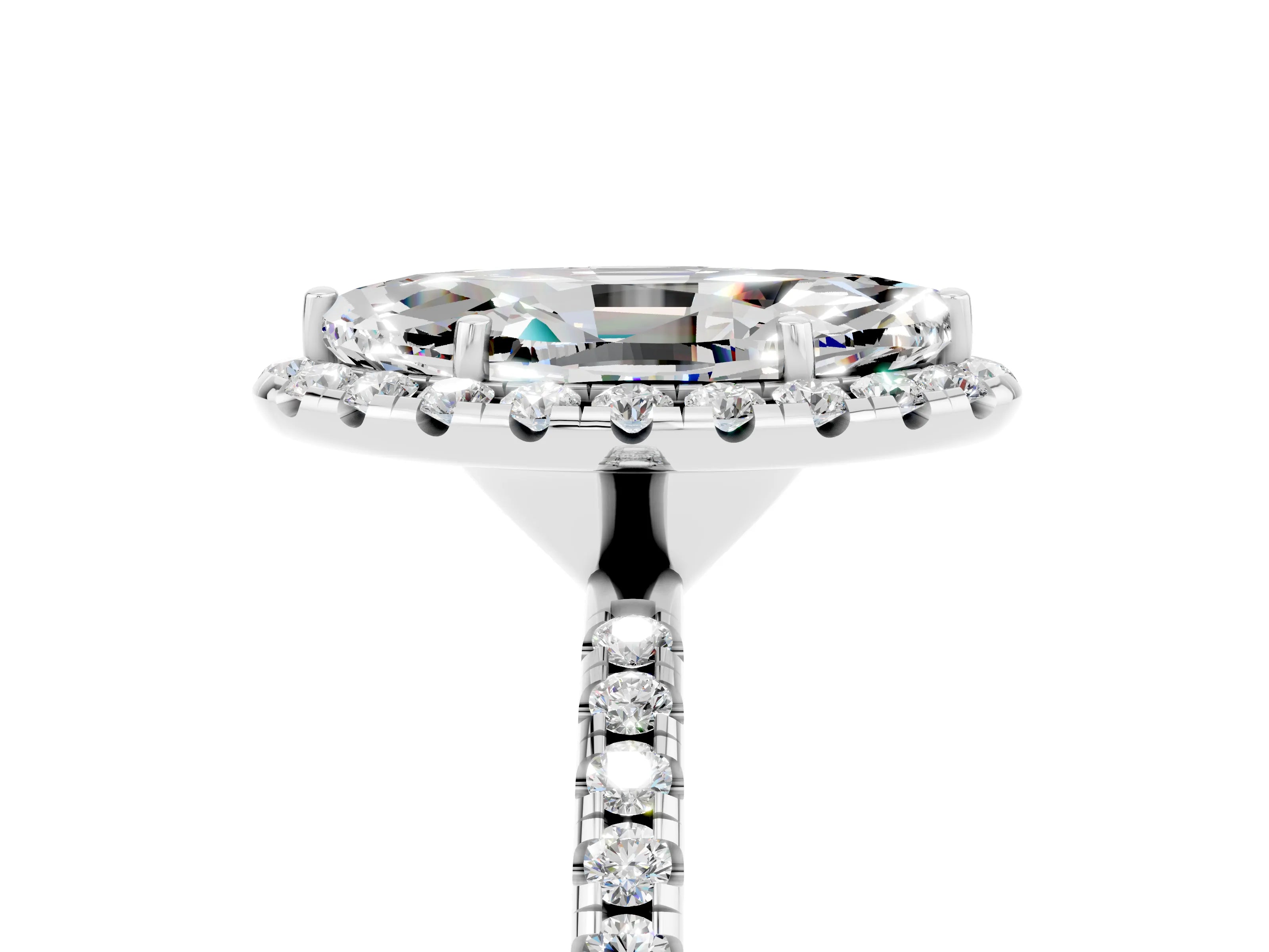 White gold Marquise Cut Halo Round Diamond Pavé Band Four-Prong Ring_5