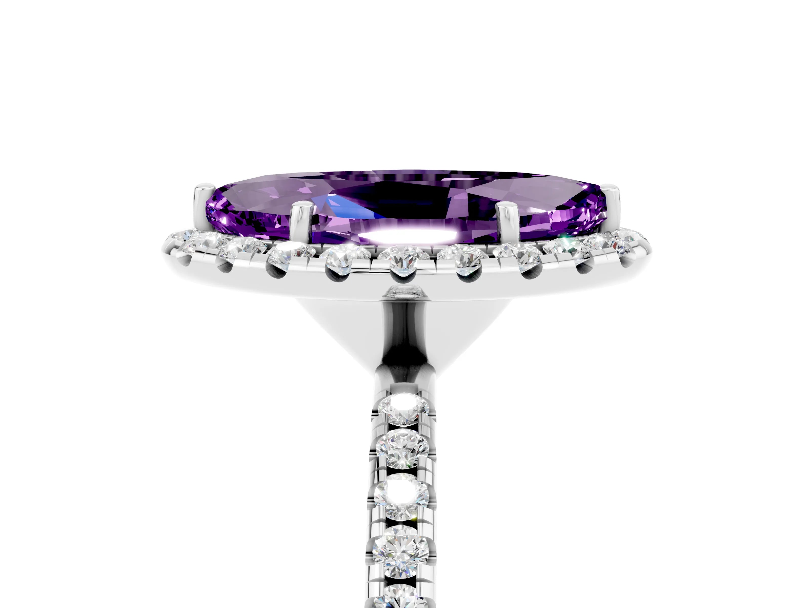 White gold Marquise Cut Halo Round Diamond Pavé Band Four-Prong Ring_5
