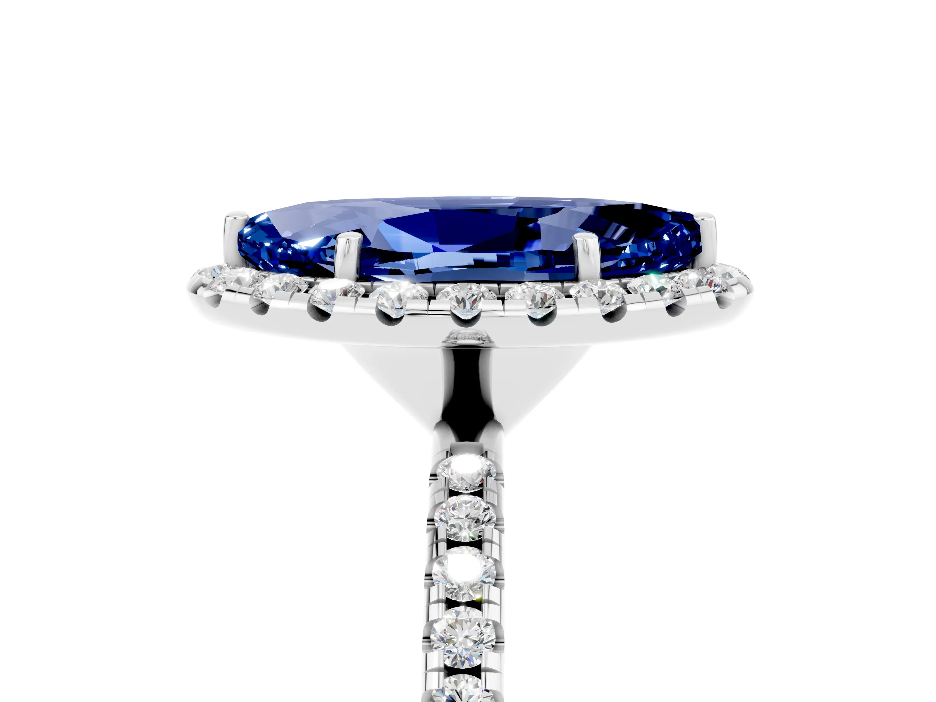 White gold Marquise Cut Halo Round Diamond Pavé Band Four-Prong Ring_5