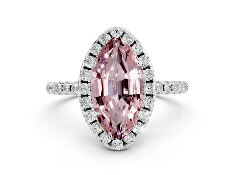 White gold Marquise Cut Halo Round Diamond Pavé Band Four-Prong Ring
