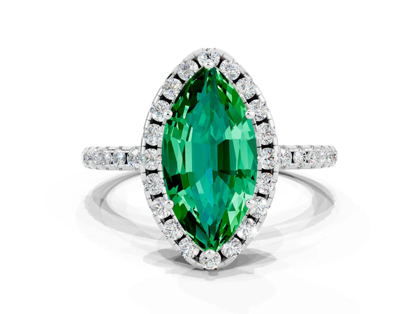 Platinum Marquise Cut Emerald Halo Ring with Round Pavé Band and Prong Setting