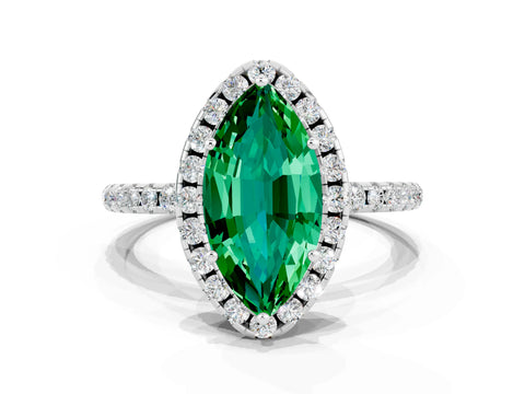 White gold Marquise Cut Halo Round Diamond Pavé Band Four-Prong Ring
