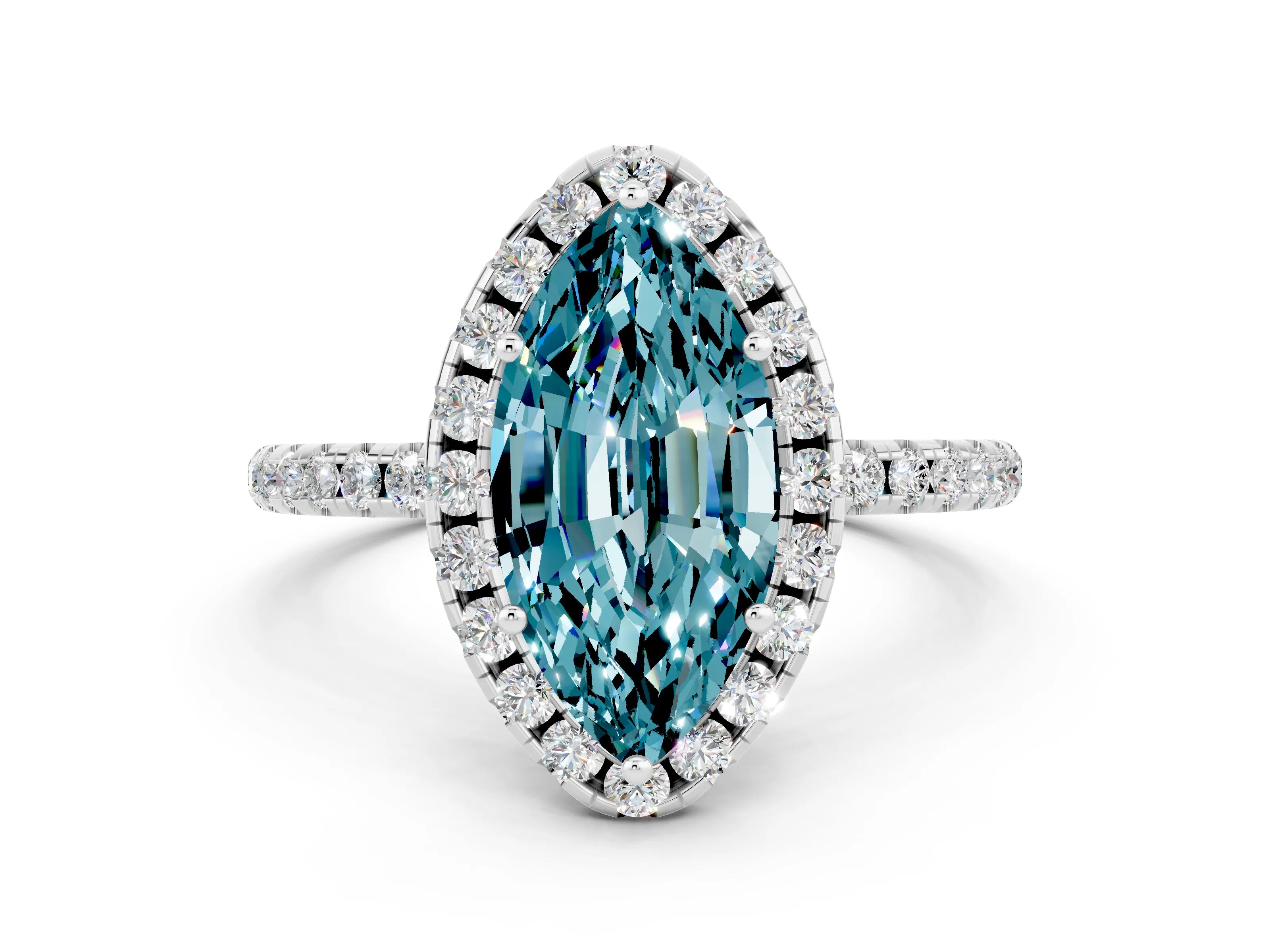 White gold Marquise Cut Halo Round Diamond Pavé Band Four-Prong Ring