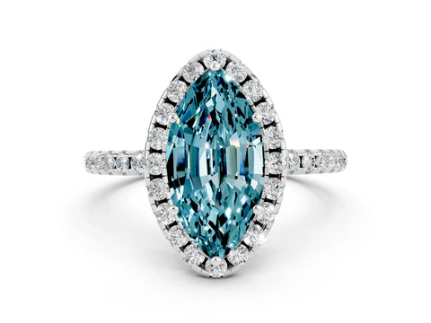 White gold Marquise Cut Halo Round Diamond Pavé Band Four-Prong Ring