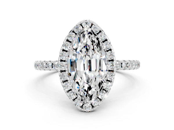 White gold Marquise Cut Moissanite Halo Ring with Round Pavé Band and Prong Setting