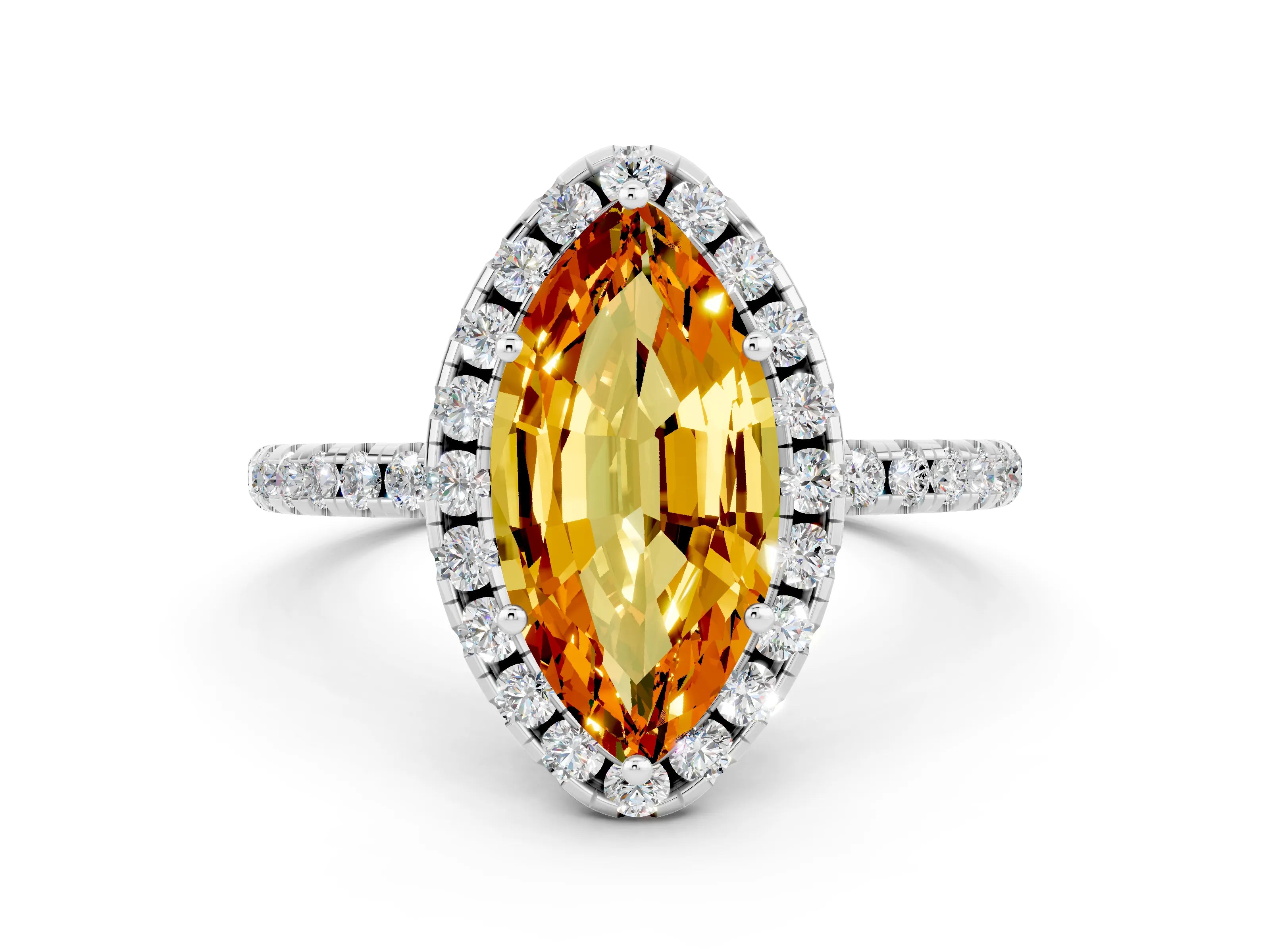 White gold Marquise Cut Halo Round Diamond Pavé Band Four-Prong Ring