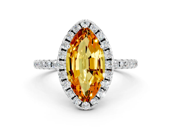 Platinum Marquise Cut Citrine Halo Ring with Round Pavé Band and Prong Setting