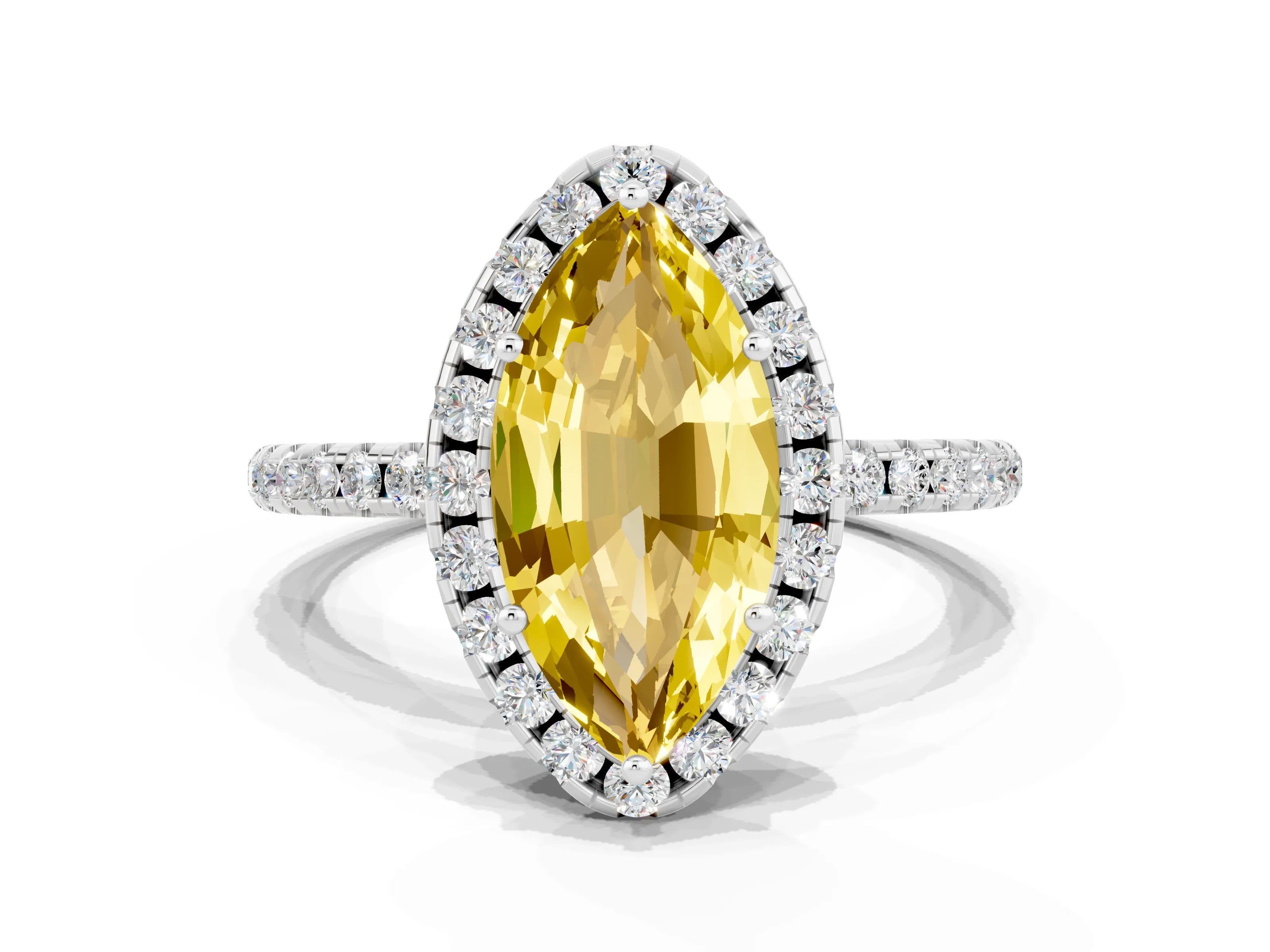 White gold Marquise Cut Halo Round Diamond Pavé Band Four-Prong Ring