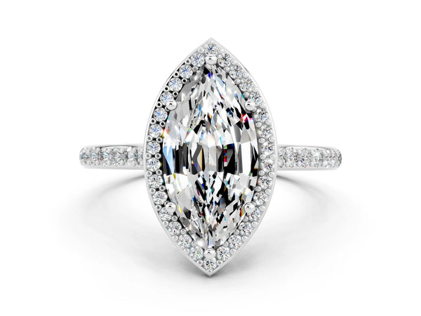 Platinum Marquise Cut Moissanite Halo Engagement Ring with Round Pavé Shoulders and Prong Setting