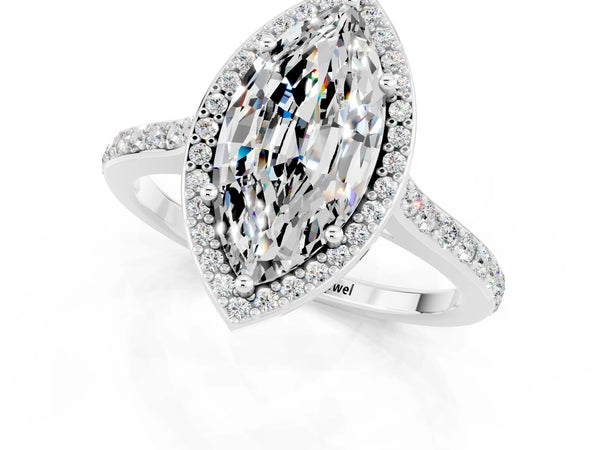 Platinum Marquise Cut Moissanite Halo Engagement Ring with Round Pavé Shoulders and Prong Setting