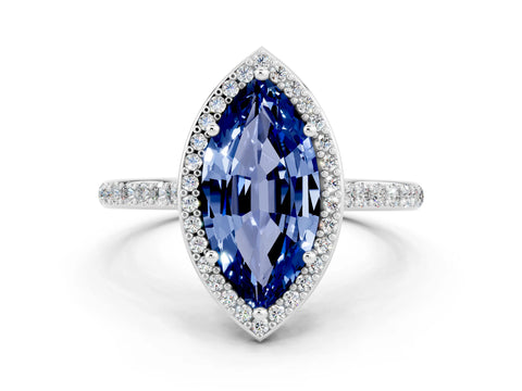 White gold Marquise Cut Halo Round Diamond Pavé Band with Four-Prong Setting