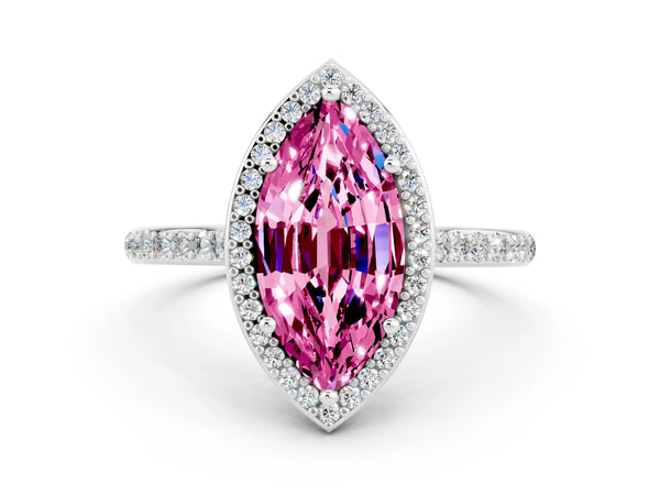 Platinum Marquise Cut Halo Round Diamond Pavé Band with Four-Prong Setting