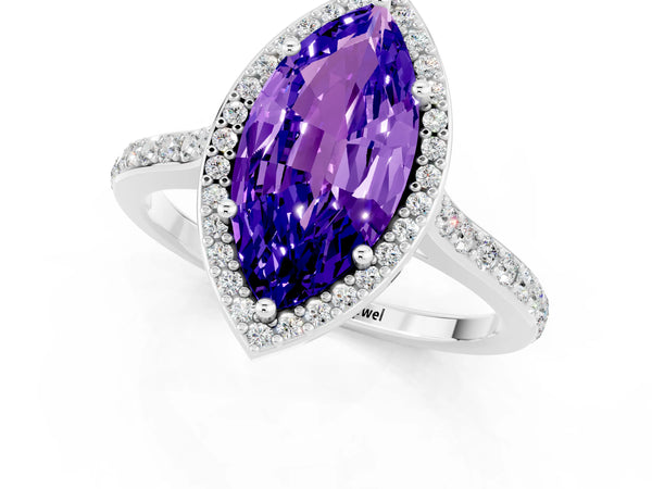 Silver Marquise Cut Tanzanite Halo Engagement Ring with Round Pavé Shoulders and Prong Setting