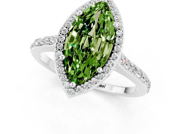 Platinum Marquise Cut Halo Round Diamond Pavé Band with Four-Prong Setting