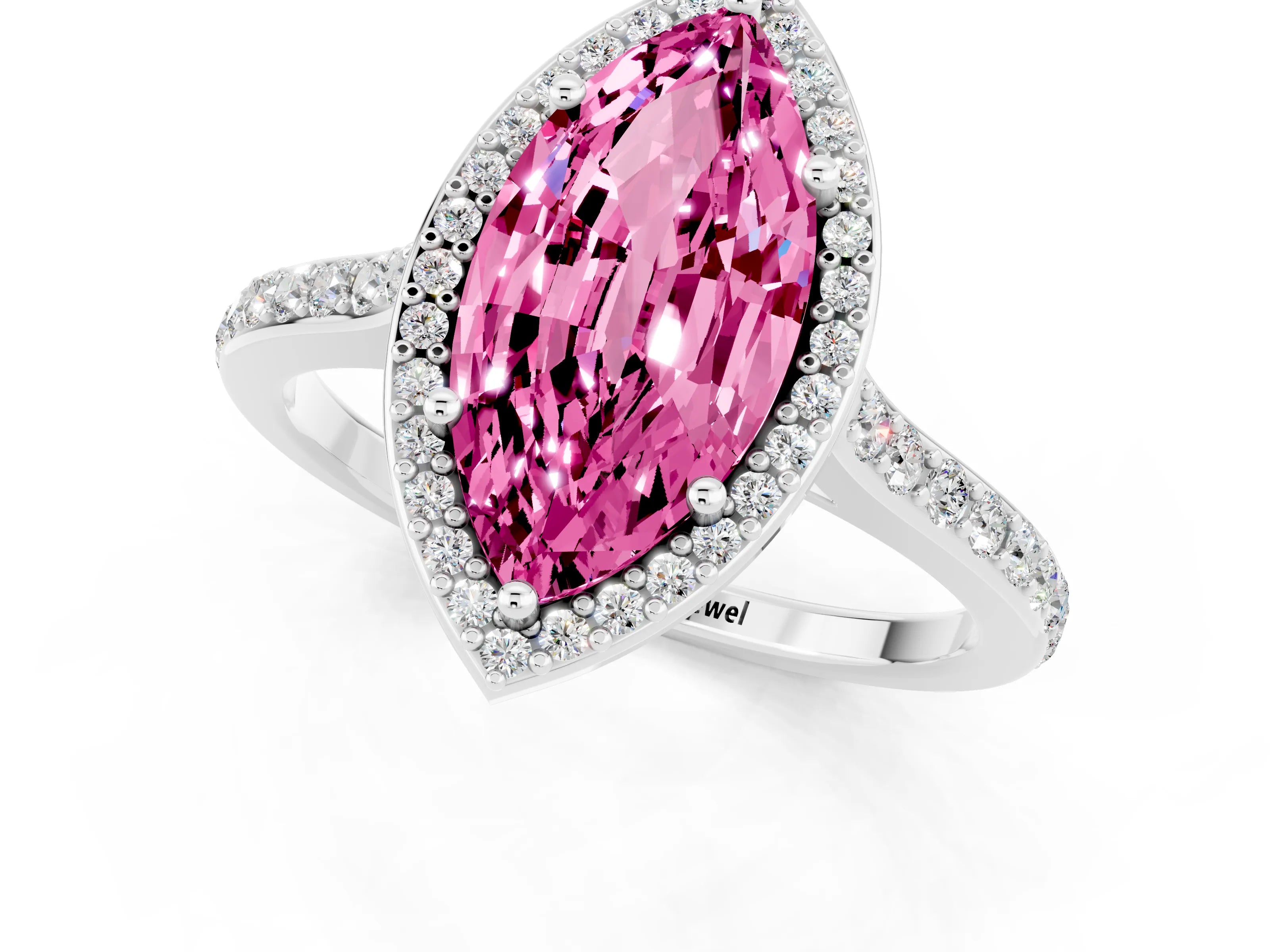 White gold Marquise Cut Halo Round Diamond Pavé Band with Four-Prong Setting_1