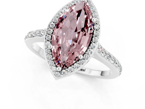 Platinum Marquise Cut Halo Round Diamond Pavé Band with Four-Prong Setting